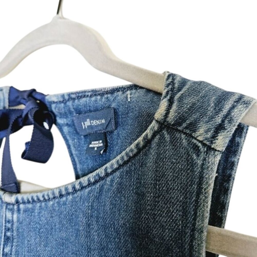 J. Jill Denim Sleeveless Dress With Bow Back S  Cotton Frayed Hem Pockets‎ Y2K - Picture 9 of 12